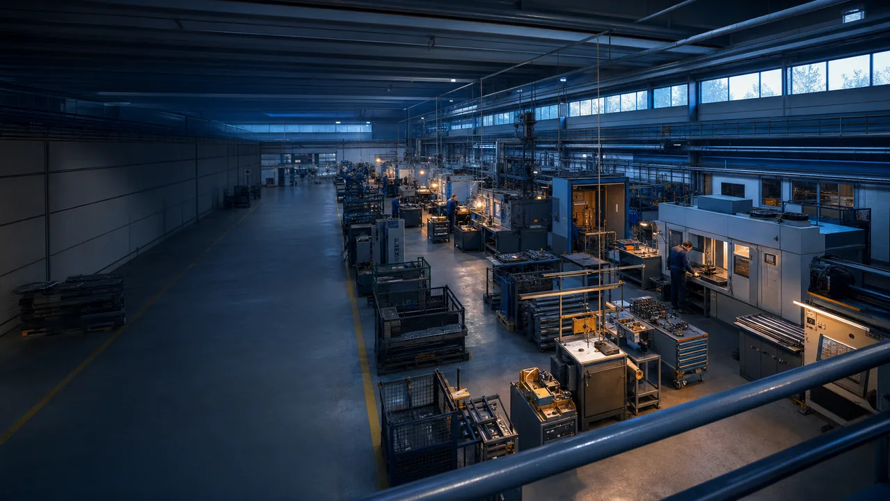 Interior ilustrativo de una planta industrial con maquinaria y flujo de producción.